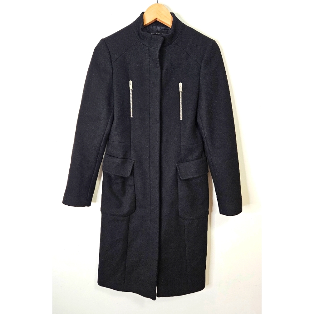 Zara Long Wool Coat Women's Sz XS Black Zipper Front